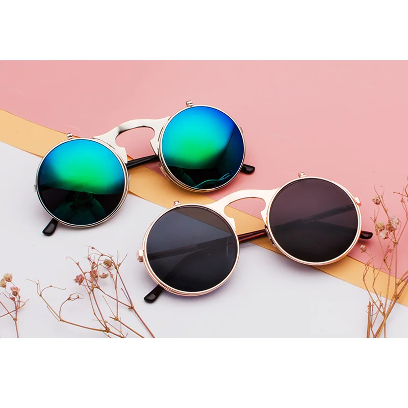 GYsnail, новинка, металлические круглые солнцезащитные очки в стиле стимпанк, для женщин и мужчин, квадратные, с двойной откидной крышкой, покрытие линз, в стиле панк, солнцезащитные очки, прозрачные, HD, градиентные оттенки