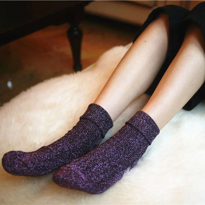 Модные женские носки; сезон осень-зима; блестящие носки для девочек; блестящие длинные носки с серебряными отворотами