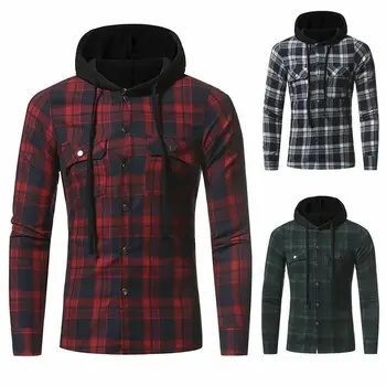 

Hirigin Men's Casual Grid Pattern Hooded Long Sleeve Cotton Plaid Slim Shirts Blouse