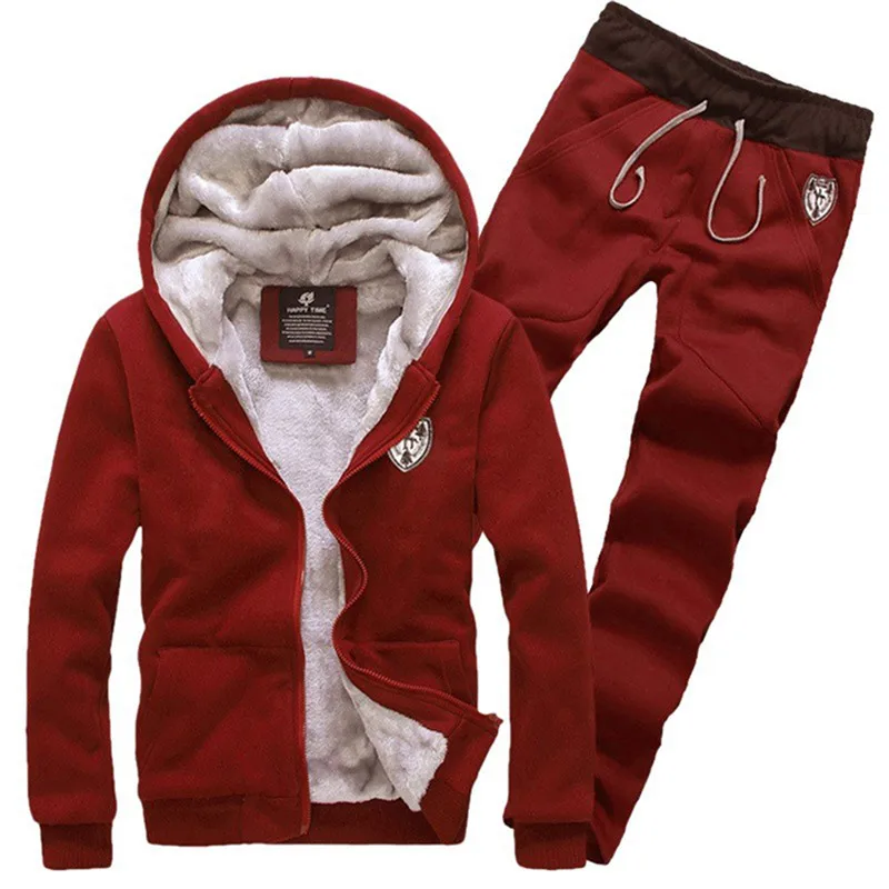 Thick Warm Tracksuits for men Fashion Warm Velvet Men's Hoodie Set male Sportwear Winter Grey Red Black 3XL Jacket Coat+ Pants - Color: wine red