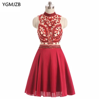

New Fashion Short Cocktail Dresses 2018 A Line High Neck Beaded Crystals Red Short Dress Open Back Party Dress Robe De Cocktail