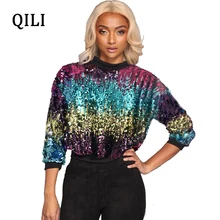 QILI разноцветные блестки футболка Женская Топ с круглым вырезом с длинным рукавом Повседневная футболка женская s мода флэш блестками женская Blusas Осень