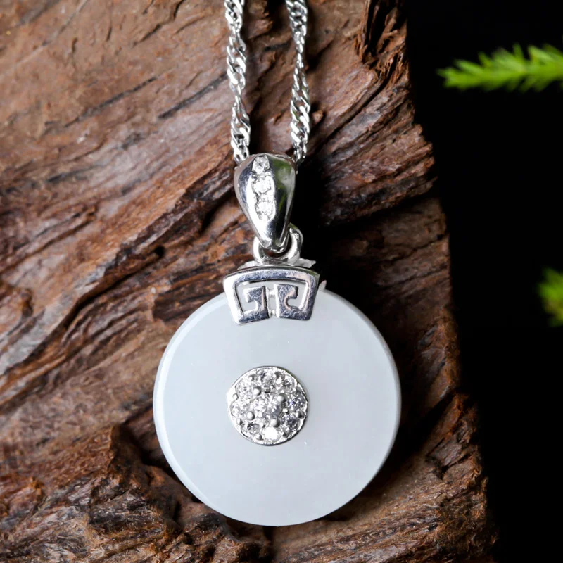 

S925 Silver Jade Necklace Chinese Hand-carved Hetian Jade Safety Button Pendant PingAnKou Necklace Lucky Amulet Fine Jewelry