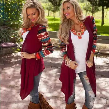 

VS-XXXXXL Plus Size Womens Jackets And Coats Autumn 2017 Fashion Long Sleeve Irregular Printing Cardigan Coats Open Stitch BF44