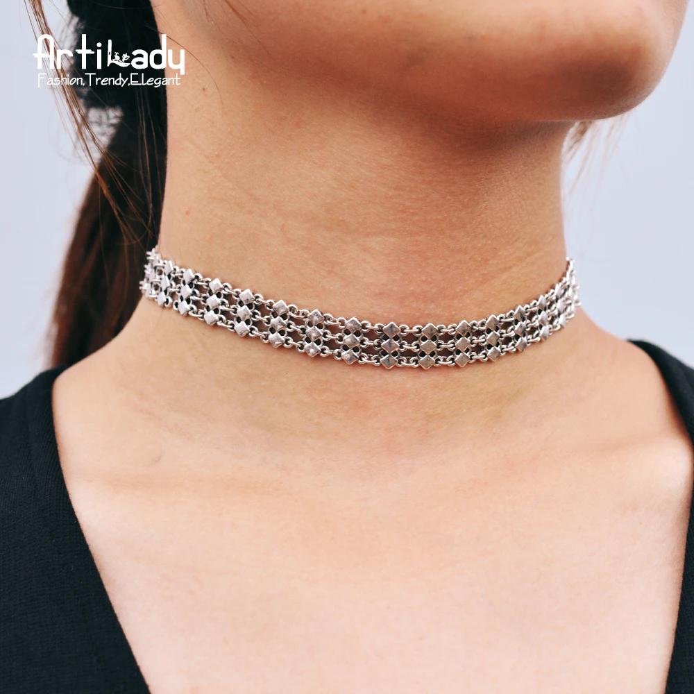 Buy Artilady silver metal choker necklace vintage zinc alloy choker necklace