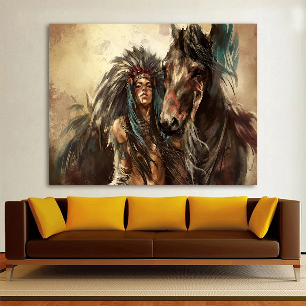 

HDARTISAN Wall Pictures For Living Room Canvas Art Figure Painting Native Feathered Indian Woman Home Decor Landscape Painting