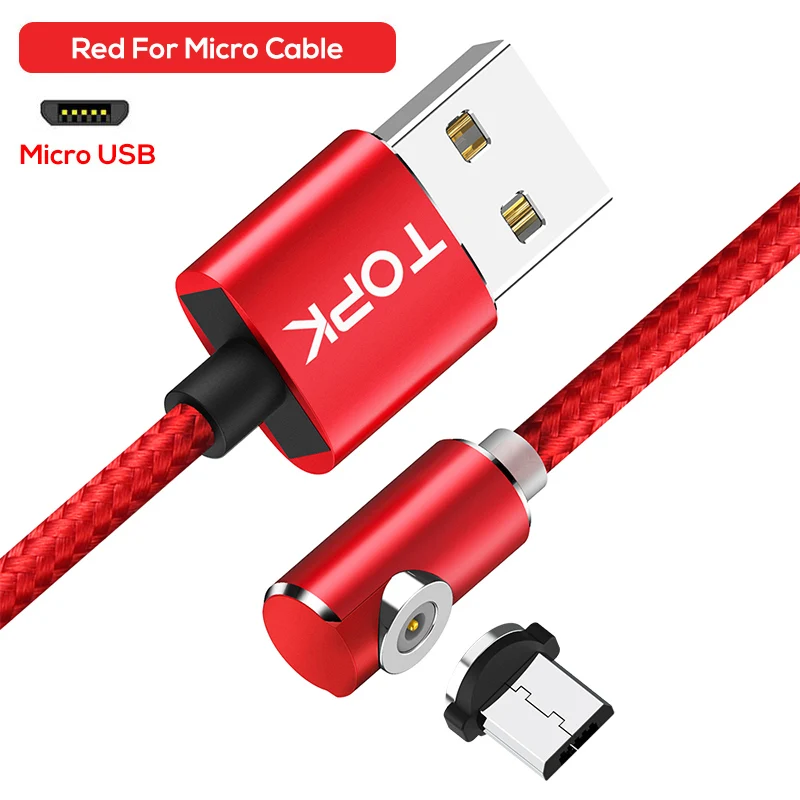 TOPK Micro USB кабель 90 градусов Магнитный кабель 2.4a Быстрая зарядка для samsung Micro USB кабель для Xiaomi note 4 huawei смартфон - Цвет: Red