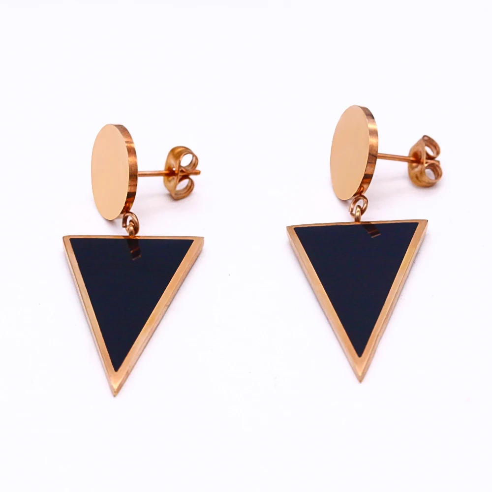 

Stainless steel rose gold double shape earrings pendant black drip oil inverted triangle shape earrings