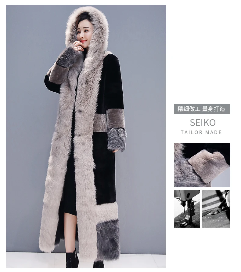 Размера плюс, зимнее длинное пальто из искусственного меха, Женская свободная парка с капюшоном, модная Новая меховая куртка макси, пальто, Толстая теплая верхняя одежда, длинные пальто