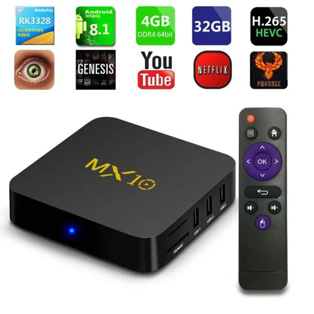 Android 8.1 TV Box MX10 4GB RAM 32GB ROM RK3328 Quad-Core 2.4G/5.8 WiFi VP9 H.265 HDR10 4K USB 3.0 youtube netflix Media player