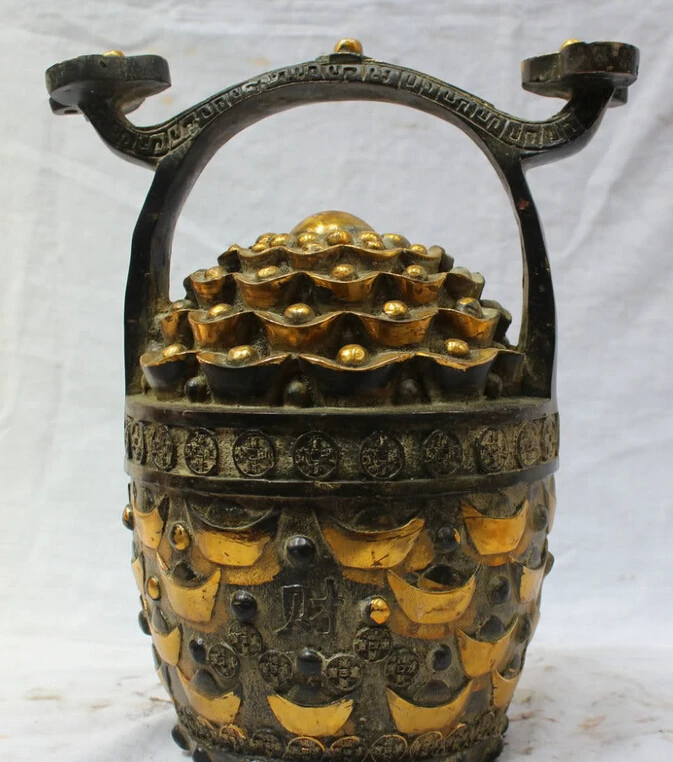 

xd 001607 12"Lucky Chinese Fengshui Bronze Cornucopia Yuanbao Coins Wealth Bucket & Ruyi