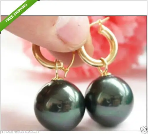 

Free shipping hot sale Women Bridal Wedding Jewelry >>Big Beautiful 16mm round southsea black shell pearl earrings