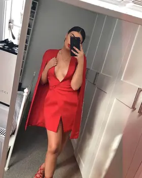 

Christmas Red Elegant Dress Autumn Winter Fashion Celebrity Night Club Party Cloak Sleeves V-Neck Sexy Dresses