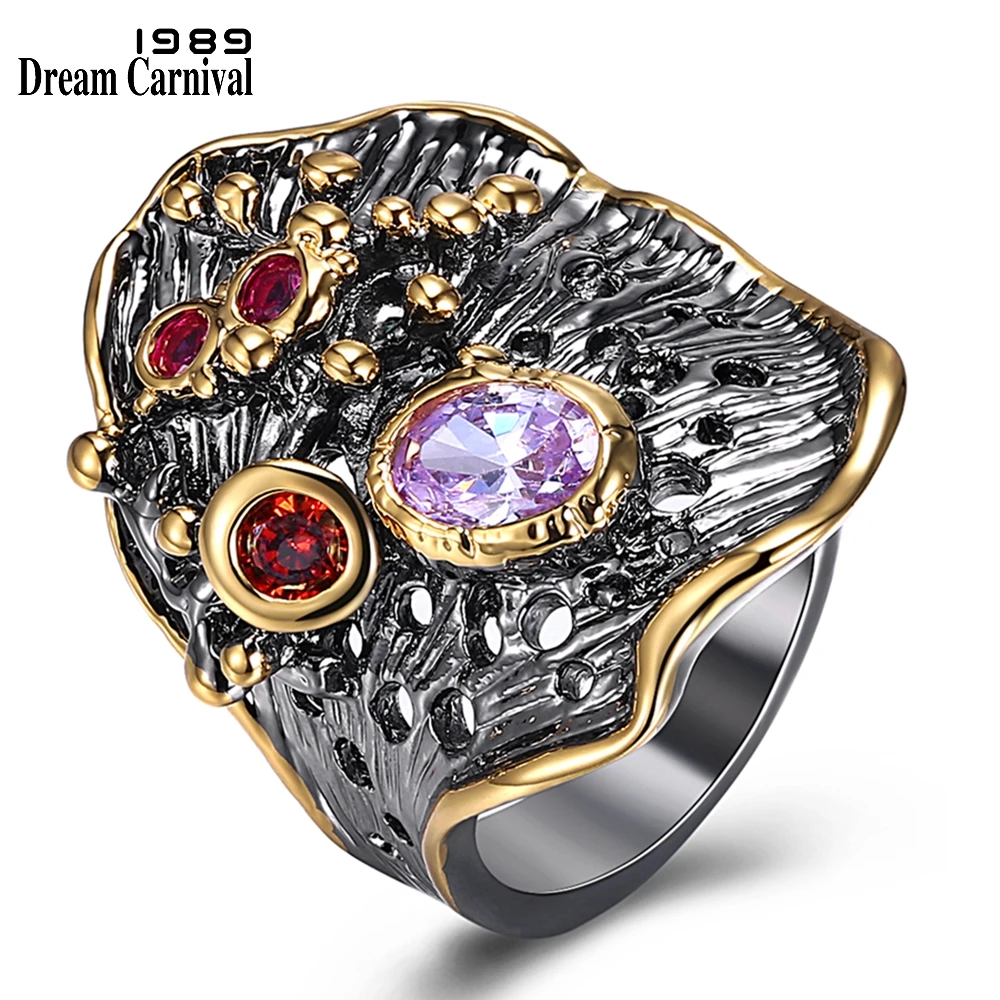 DreamCarnival 1989 New Gothic Big Wide Rings for Women Irregular Shape Water Lily Leaf Look Red Purple CZ Drop Shipping WA11610