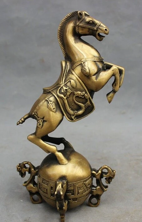 

9" Chinese Bronze Zodiac Wealth Horse stepping on a drum Dragon Beast Statue
