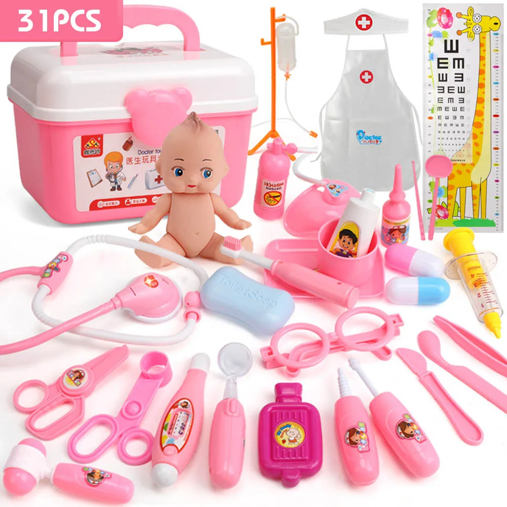 20-39 шт детский набор доктора набор для игр Моделирование Медицинский вокальный свет стетоскоп игрушки для детей Косплей Подарки - Цвет: 37pcs pink