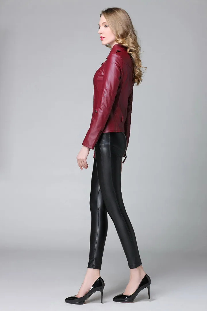 Новинка, элегантная осенне-зимняя кожаная куртка, женская короткая черная, красная искусственная кожа, пальто для девушек, тонкая мотоциклетная куртка, Jaqueta Couro