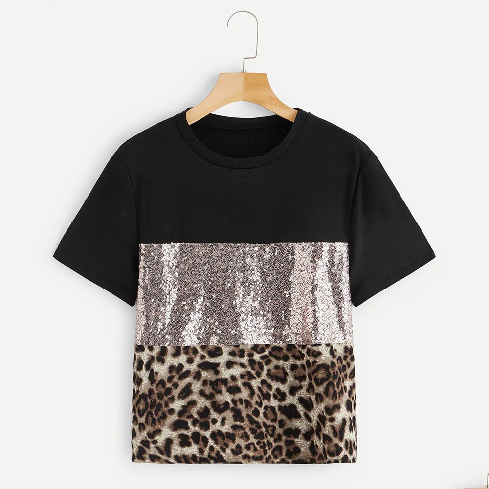 

2019 Women Sequin T-shirt Summer Casual Harajuku Vintage Round Neck Tops Female Leopard Snake Patchwork Short Sleeve Tshirt