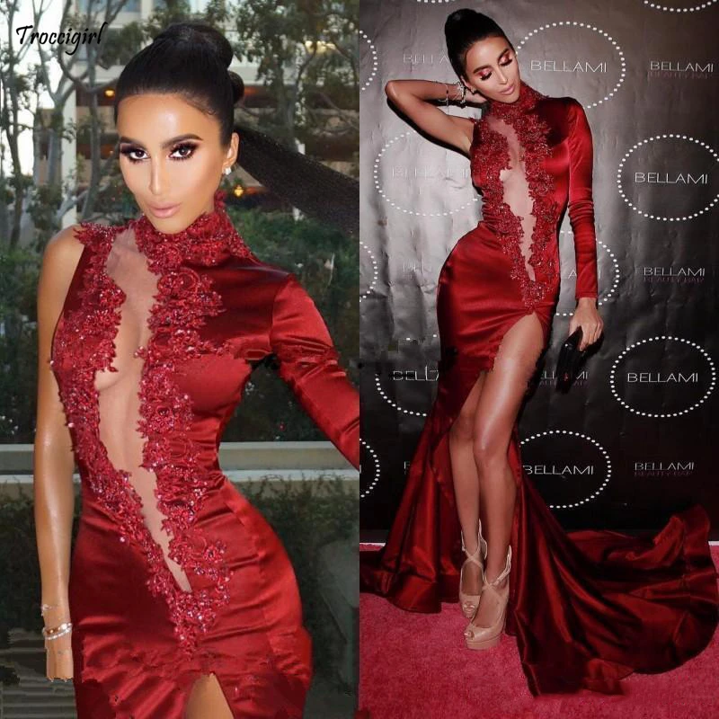 

High Collar Sexy Illusion Plunging Neckline Prom Dresses with Lace Applique One Long Sleeve Evening Gowns Mermaid Side Split Dr
