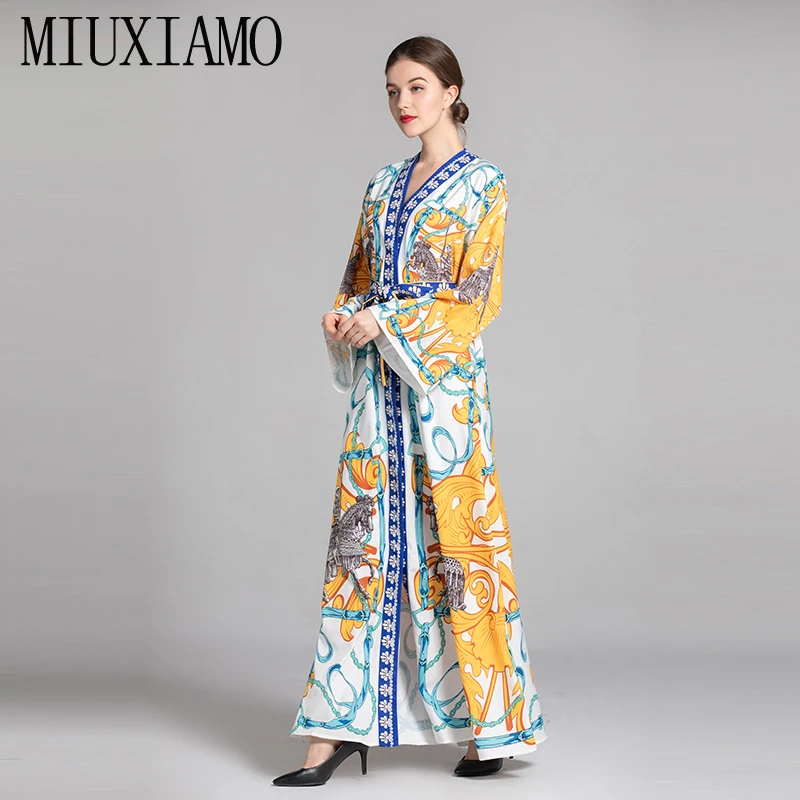 MIUXIMAO/, весенне-летнее повседневное свободное платье макси с цветочным принтом и длинным рукавом, с бантом, длиной до щиколотки, женское платье, vestido