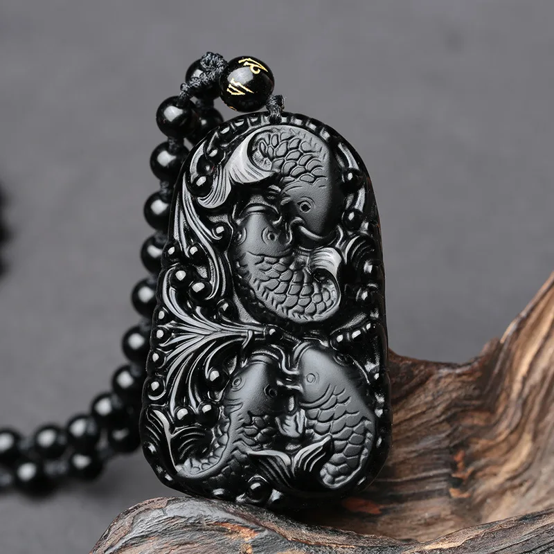 Прекрасный китайский ручной работы натуральный черный обсидиан резные рыбы счастливый Реюньон счастливое благословение кулон ожерелье Модные ювелирные изделия