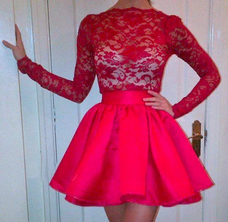 Real Photos Sexy High Neckline Long Sleeves Lace Top Red Short Prom ...