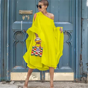 Summer Novel Long Loose  Yellow Chiffon Dress Hip Hop Butterfly Sleeve Slash Neck Maxi Vestido Women