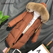 Schinteon женский пуховик Корейская теплая верхняя одежда с большим воротником из натурального меха енота пальто свободная одежда наивысшего качества