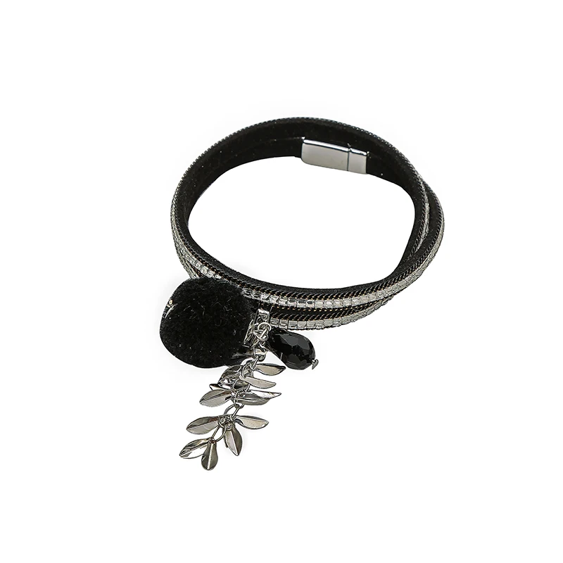 HX New Original Fashion Magnet Glass drill Buckle Crystal Hair Ball Fringe Double Circle Women Leather Bracelet Pendant Jewelry Fashion Jewelry