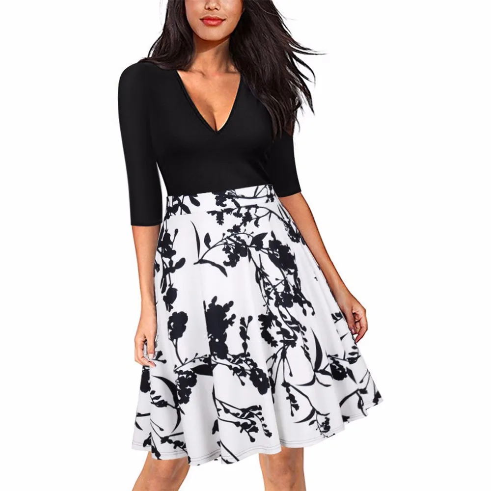 New Fashion Women Work Dresses Women Floral Dress Sexy V neck Half Sleeve A Line Office Party