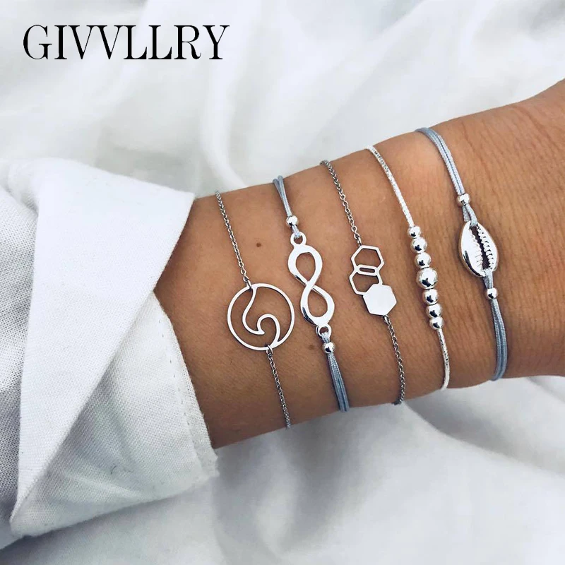 

GIVVLLRY 5 pcs/set Silver Beaded Chain Bracelets Fashion Creative Geometric Infinity Wave Metal Shell Charm Bracelets for Women