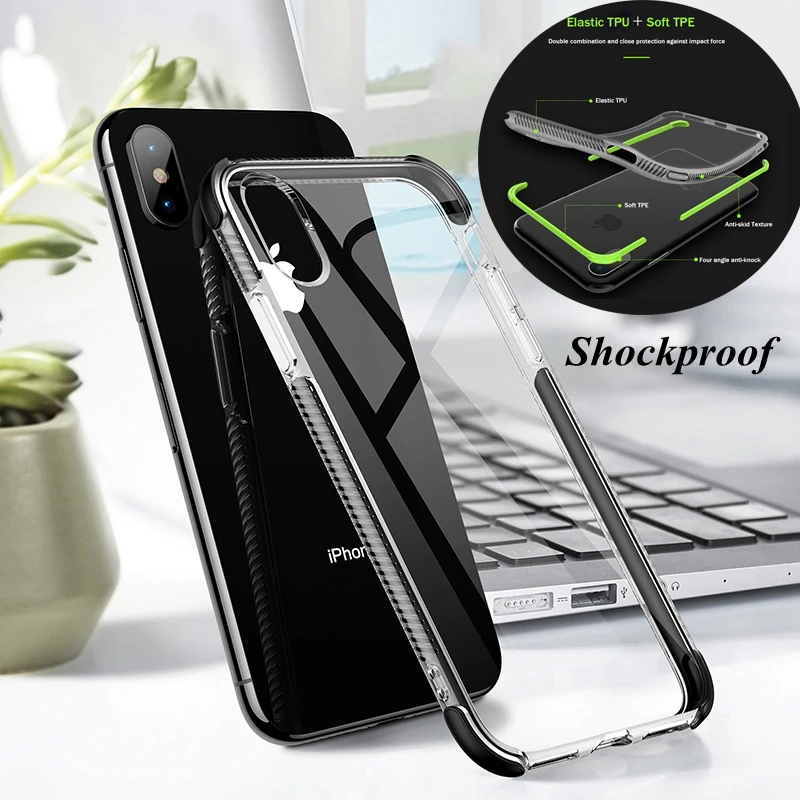 

Transparent Shockproof Back Cover For iPhone 7 8 X XR XS Max 6 6s Plus TPU + TPE 2 in 1 Anti-Knock Clear Crystal Phone Cases