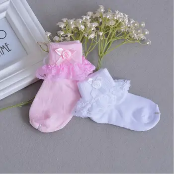 

1Pair Baby Girl White Pink Exquisite Bow Flower Decoration Short Lace Trim Socks