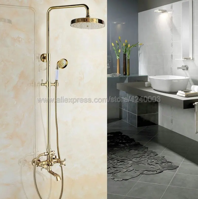 

Gold Polished Wall Mounted Shower Faucet Bathroom Rainfall Shower System Set Faucet Tub With Handheld Sprayer Kgf395