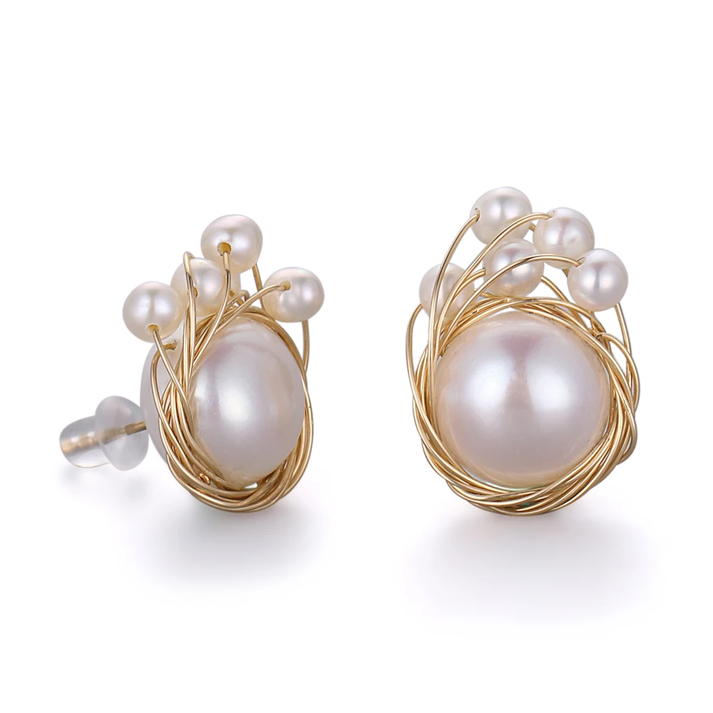 Natural Round Freshwater Pearl Stud Earrings Silver Earrings Jewelry For Women Girls Ladies
