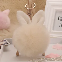 

keyring key chain Pompon Fluffy Women Rabbit Ear Fur Ball Key Chain Rings Bag Keychain free shipping