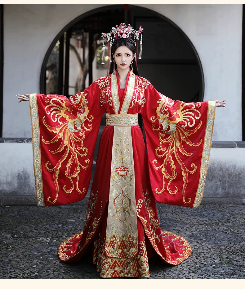 Высокое качество Китайская древняя Свадьба Hanfu невесты длинный хвост пара костюм одежды Стандартный Тан Мин Китай Свадебный костюм платье