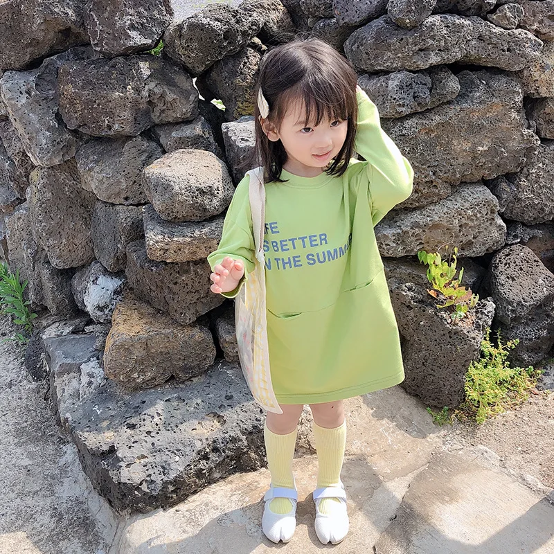 

Autumn fashion 4 colors letters printing long sleeve long T shirts for girls cotton loose casual T shirt dress