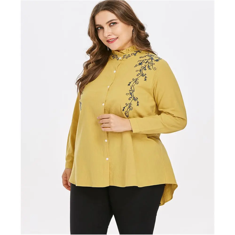2018 Plus Size Women Shirts Floral Embroidered Long Blouse Full Sleeve ...