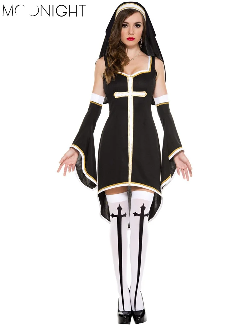 MOONIGHT Sexy Nun Costume Adult Women Cosplay Dress With Black Hood For ...