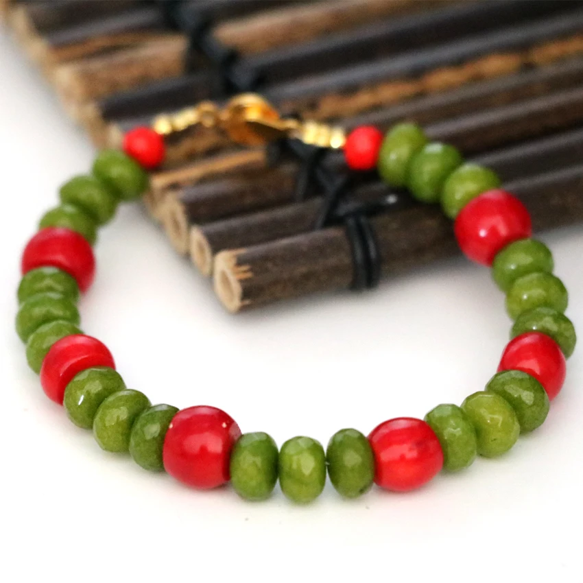 

Hot sale natural red coral green chalcedony jades stone abacus 5*8mm beads bracelet women original elegant jewelry 7.5inch B2961