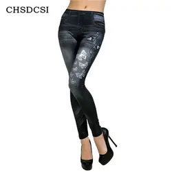 CHSDCSI лидер продаж; Новинка Для женщин искусственная джинсы модные Растягивающиеся леггинсы узкие Джеггинсы плавки синие штаны бабочка