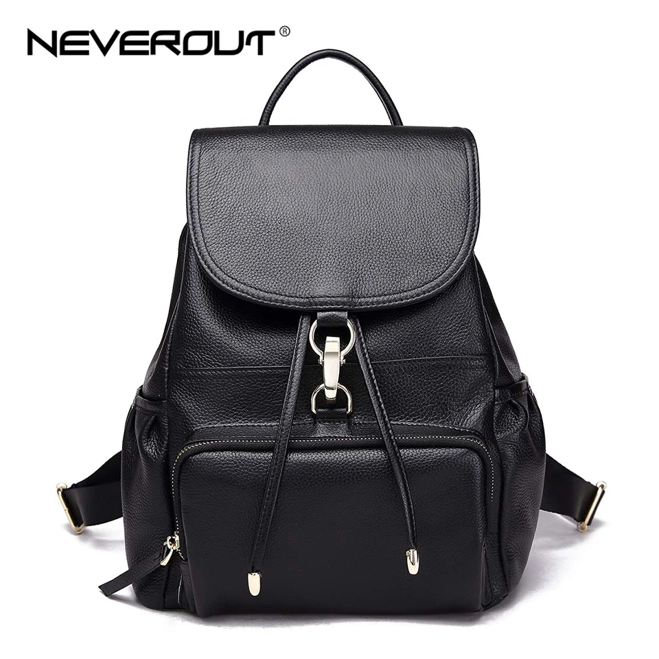 

NEVEROUT Women's Genuine Leather Backpack Ladies School Shoulder Bags Female Black Casual Day packs Girls Travel Book Bag
