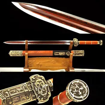 

High-Grade Brass Fitting Chinese Handmade WuShu Knife Sword Han Dynasty King Swords Jian Edge Sharp Folded Steel Red Blade