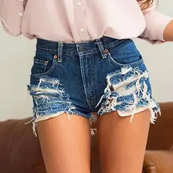 Для женщин летние рваные с дырками джинсовые шорты женские кисточкой Высокая талия узкие шорты Для женщин тонкий Молния сзади джинсовые