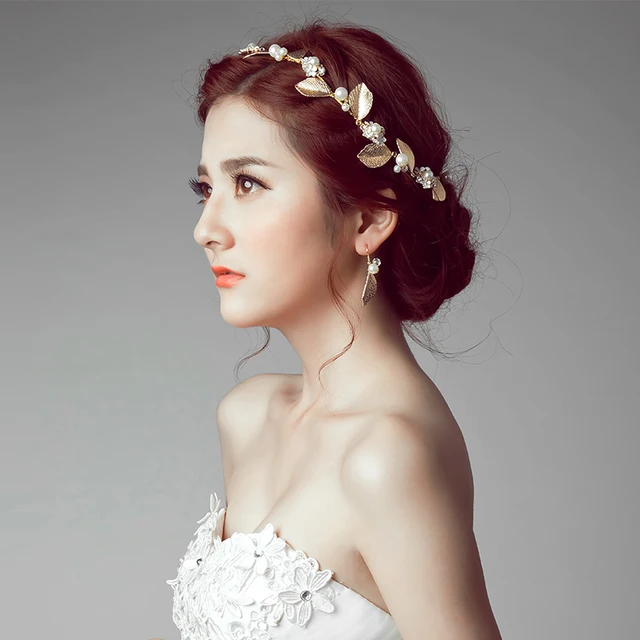Famous Brand 2 Pieces Headwear Earrings Bride Lace Leaves Pearl Famous Brand 2 Pieces Headwear Earrings Bride Lace Leaves Pearl Crystal Headdress Jewelry Sets Korean