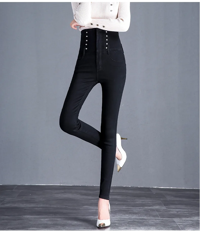 WKOUD джинсы с высокой талией женские большие размеры корейские узкие потертые джинсы женские джинсовые узкие брюки стрейч черные брюки P8752