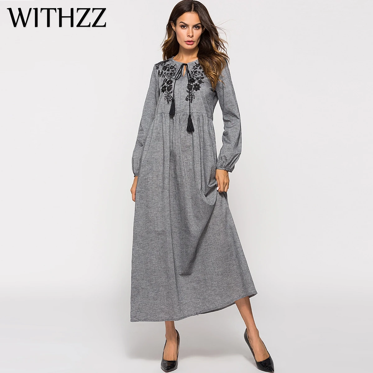

WITHZZ Arabian Long Muslim Women's Middle East Long Sleeved Dress Embroidered Robe Female Party Plus Size Prom Gowns Dresses