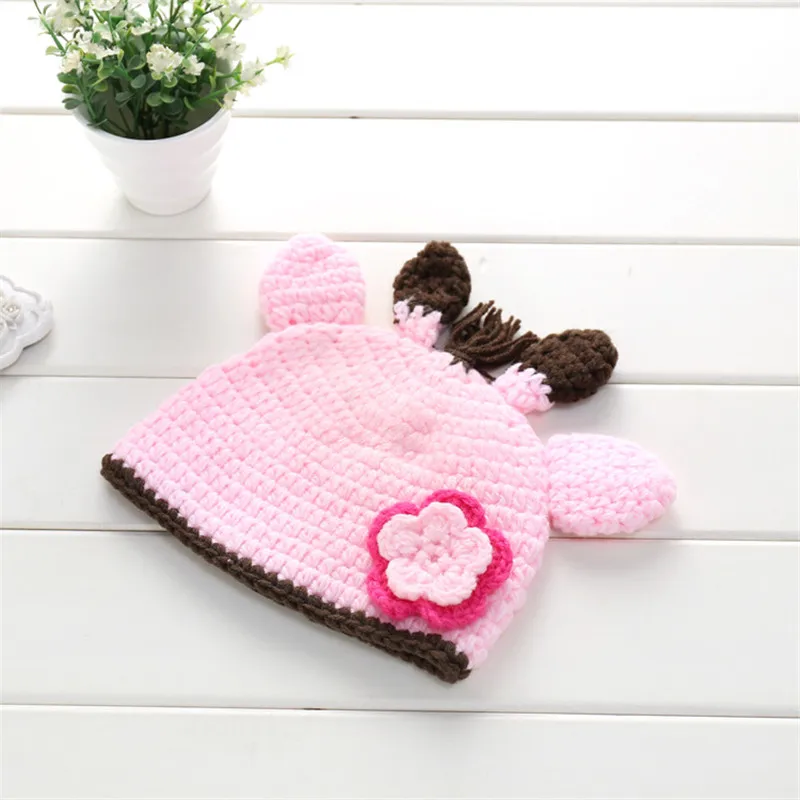 Kawaii вязаная детская зимняя шапка вязаная крючком животные шапочки в цветочек розовый цвет для маленьких девочек фотосессия новорожденных реквизит для фотосессии