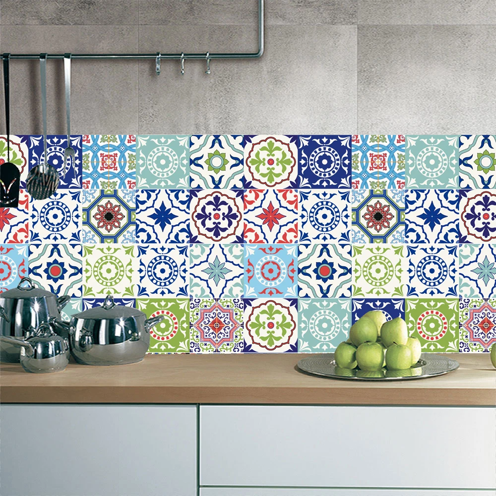 

3D Portuguese Style Tiles Floor Wall Sticker Children Room Bathroom Waist Line Wall Decor Waterproof Self-sticking PVC Art Mural